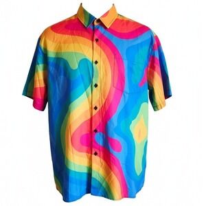 Hardaddy Mens XL Abstract Hawaii Rainbow Swirl Short Sleeve Button Up Shirt NWOT